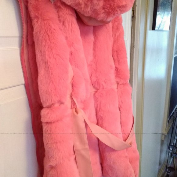 Vintage Austin Powers J&X Pink Long Shawl Faux Fur Hooded Sleeveless Jacket - Picture 6 of 9